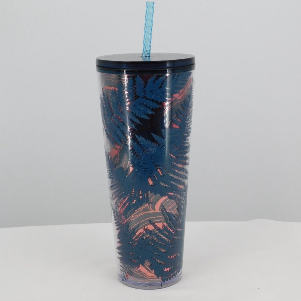 Starbucks Fall 2022 Ocean Fern Blue Rose Gold Foil 24oz Venti Cold Tumbler Straw - Picture 3 of 9